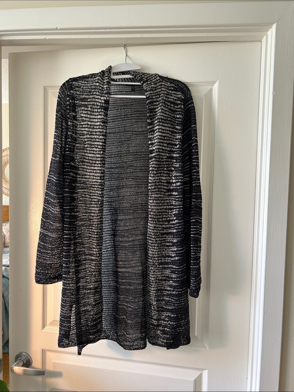 Eileen Fisher Black and White Marled Open-Front Cardigan